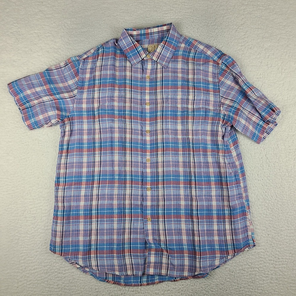 Jos A Bank Shirt Mens Large‎ Blue Purple Plaid 100% Linen Hawaiian Button Up